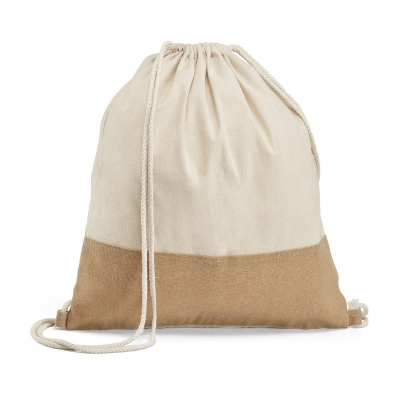 Beige and brown drawstring backpack on display.