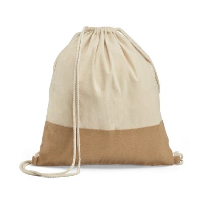 Two-tone cotton drawstring bag, beige and brown.