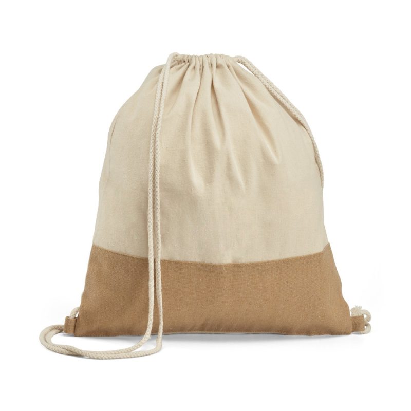 Two-tone cotton drawstring bag, beige and brown.