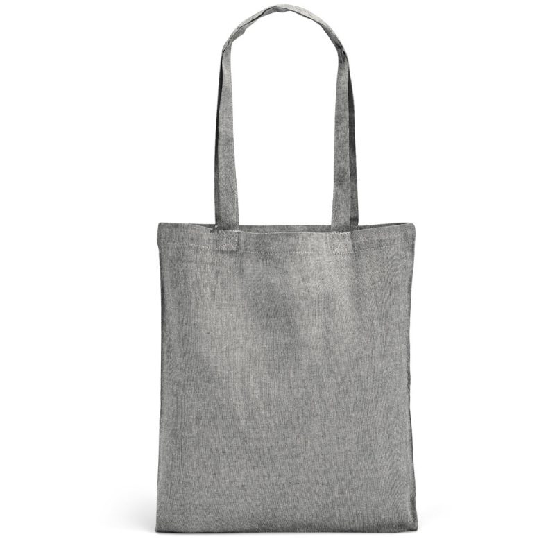 Grey fabric tote bag with handles.