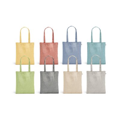 Collection of colourful fabric tote bags displayed.