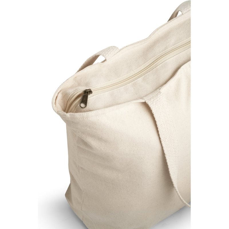Beige canvas tote bag with a zipper.
