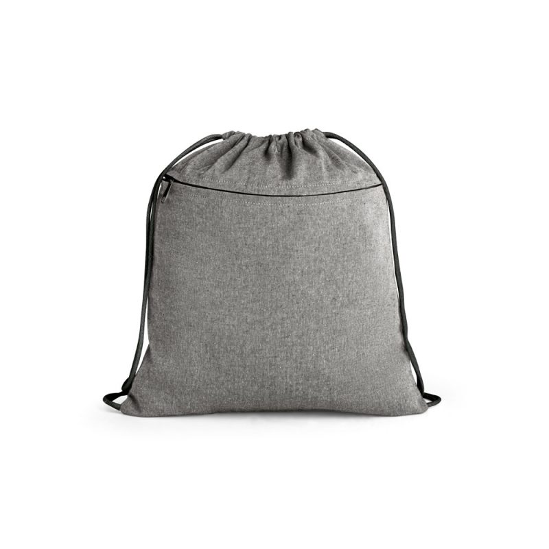 Grey drawstring backpack with black cords
