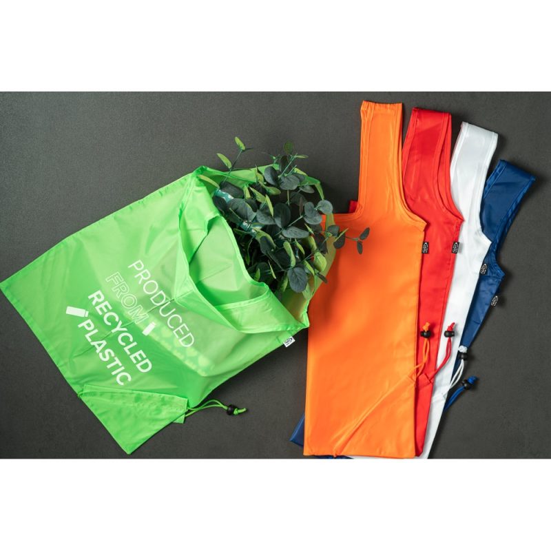 Reusable bags made from recycled plastic.