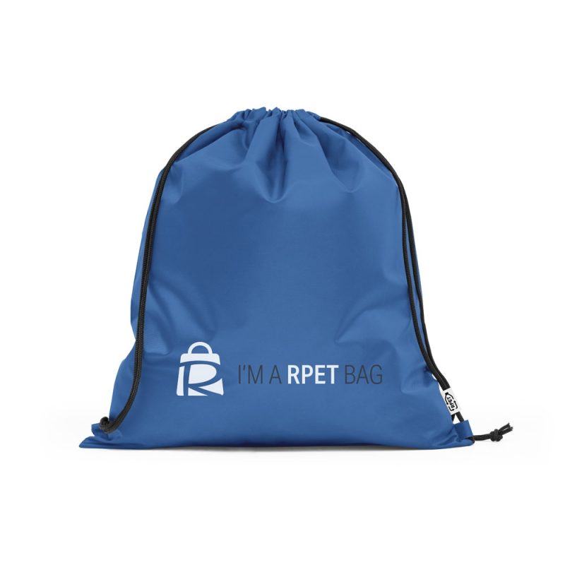 Blue drawstring RPET bag with logo.