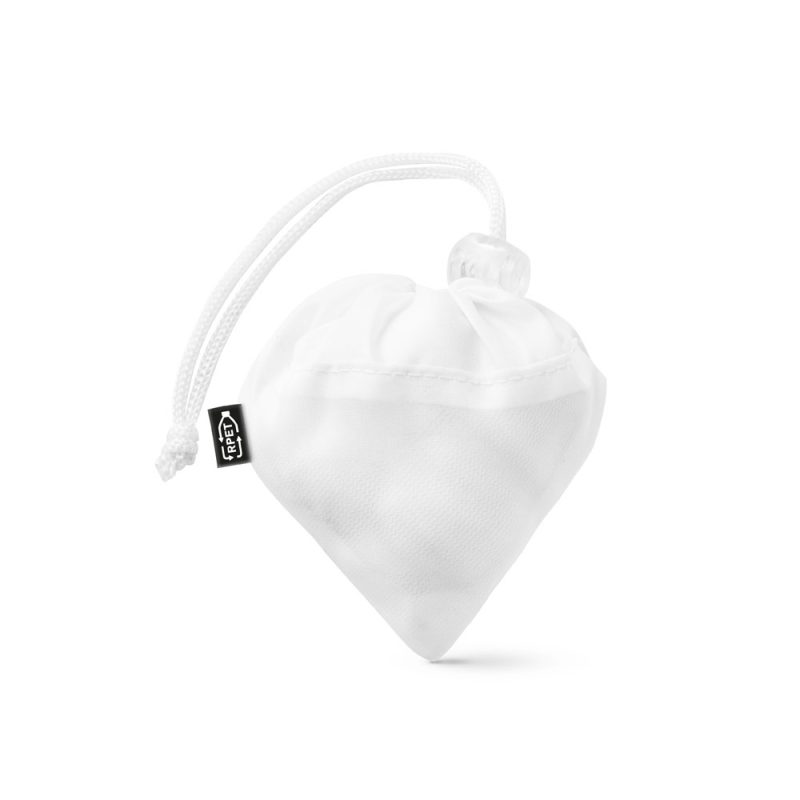 White drawstring pouch on white background.