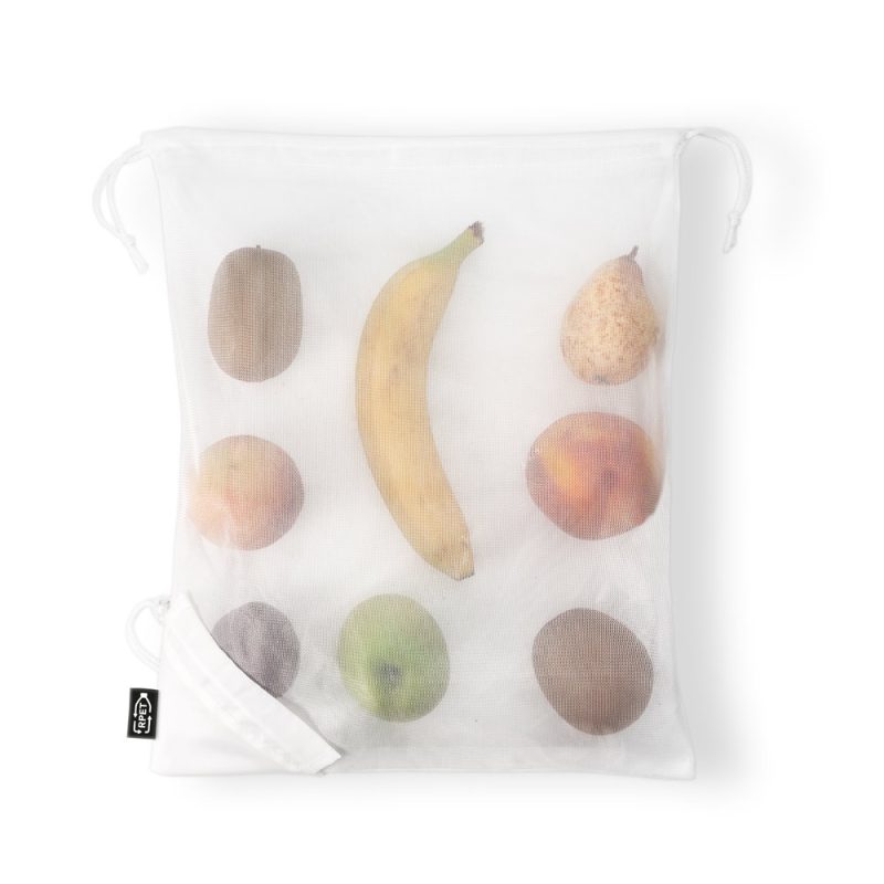 Reusable mesh bag with assorted fruits inside.