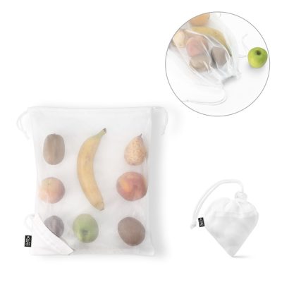 Reusable mesh produce bag with fruits inside