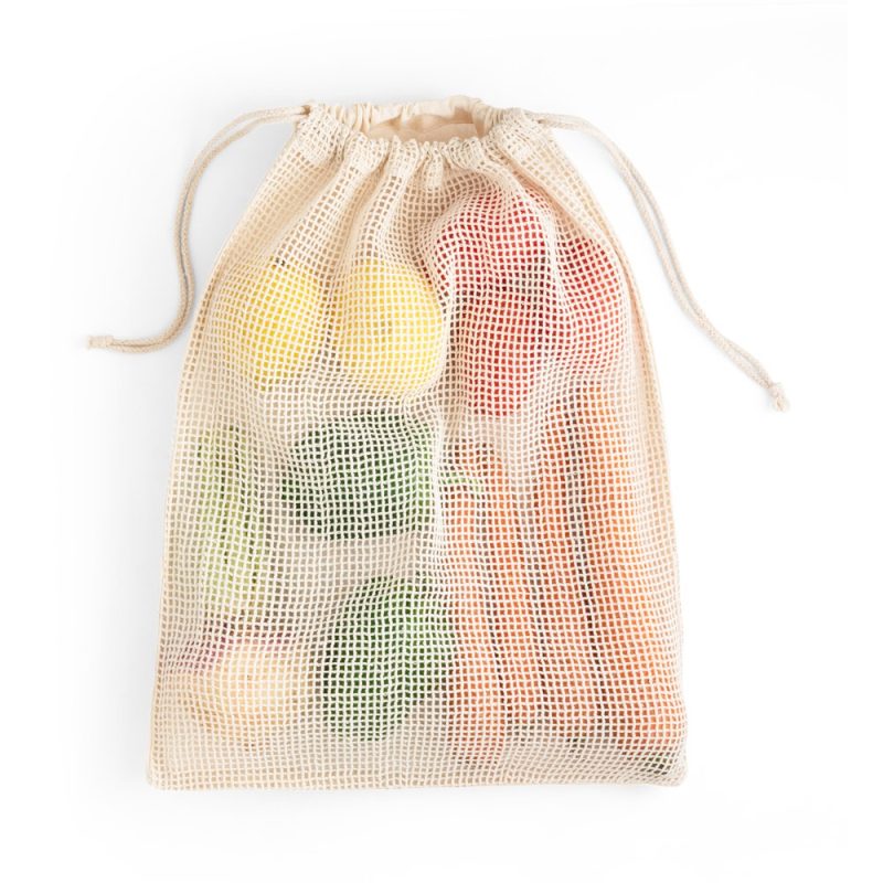 Reusable mesh bag with colourful fruits inside.