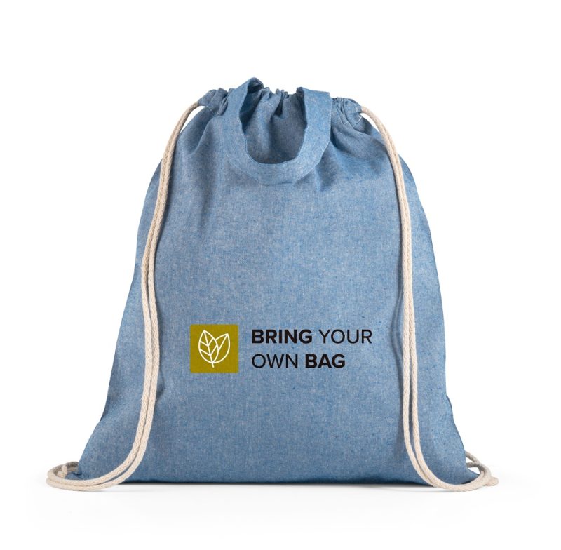 Eco-friendly blue drawstring bag with leaf logo.