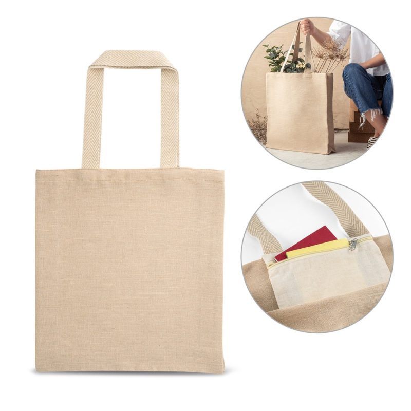 Beige reusable tote bag with inner pocket detail