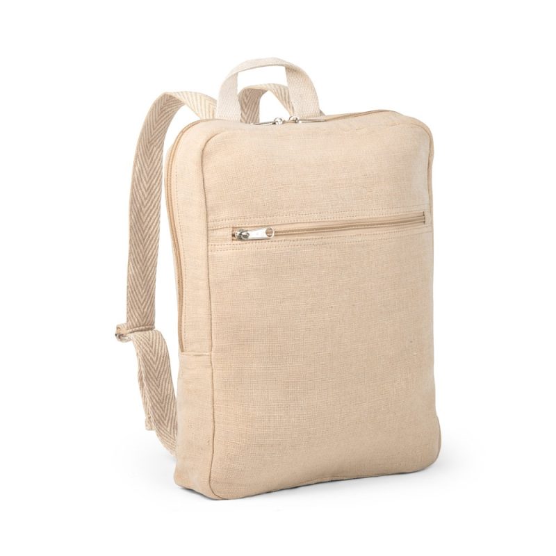 Beige eco-friendly backpack with front zipper pocket.