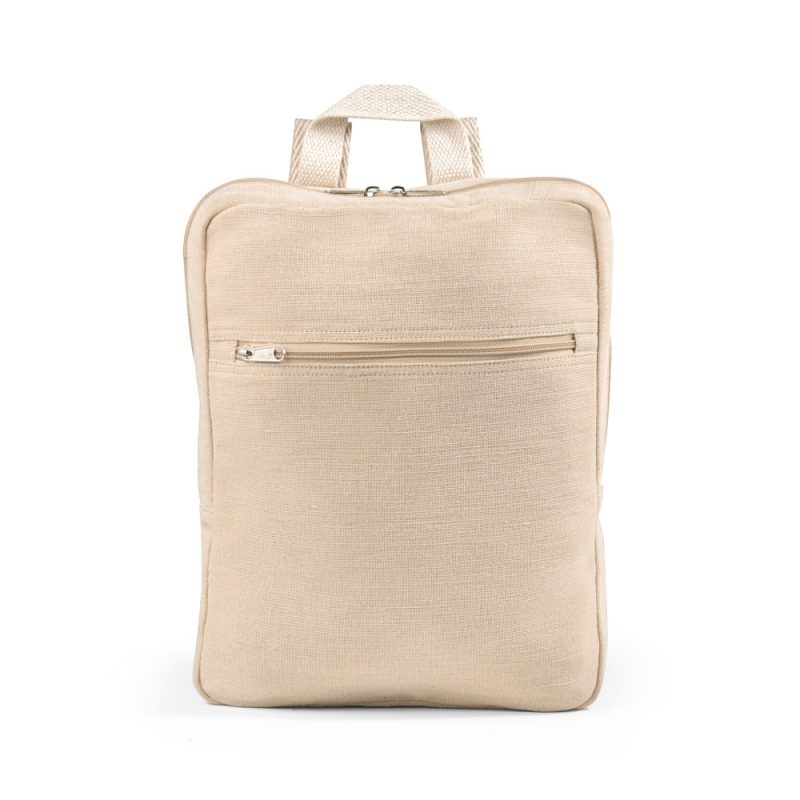 Beige canvas backpack with front pocket and zip.