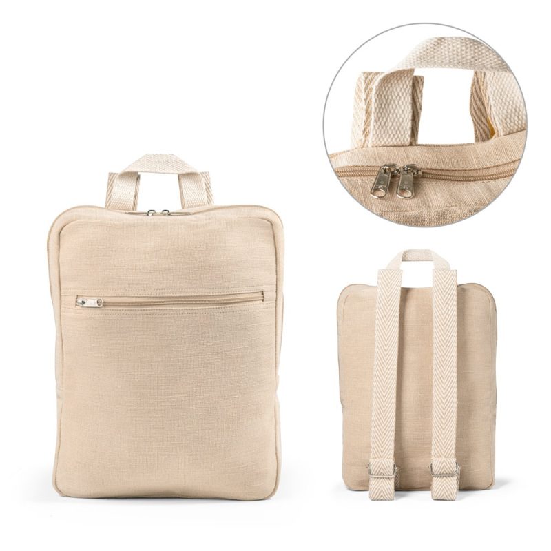Beige canvas backpack with front pocket and straps.