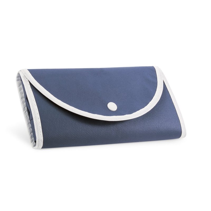 Blue foldable travel wash bag with white trim.