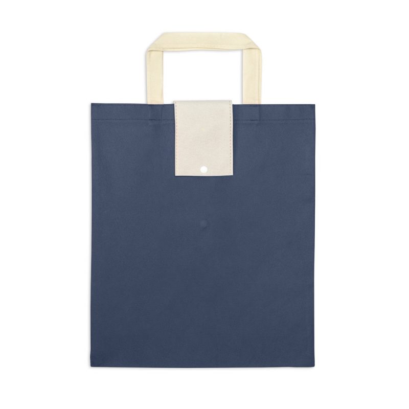 Foldable blue cotton bag with white handles