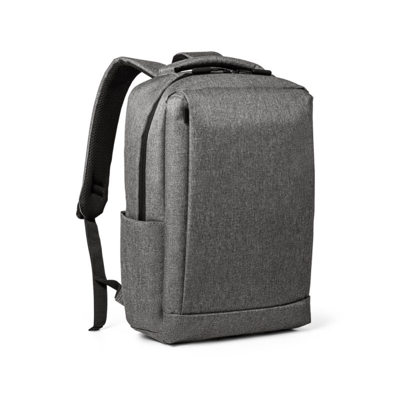 Grey backpack with multiple compartments and side pocket