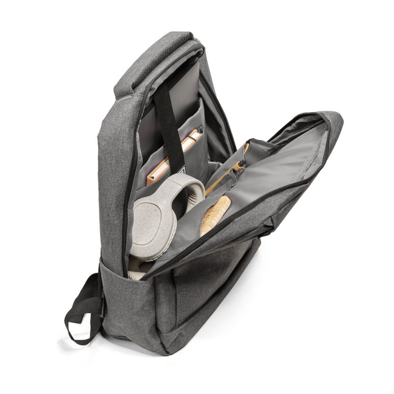 Grey backpack open showing contents