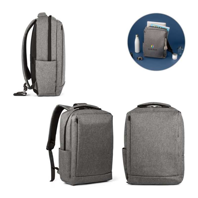 Grey backpacks with side and front views.