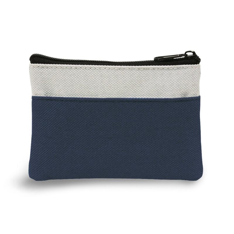 Blue and grey fabric coin pouch with zipper.