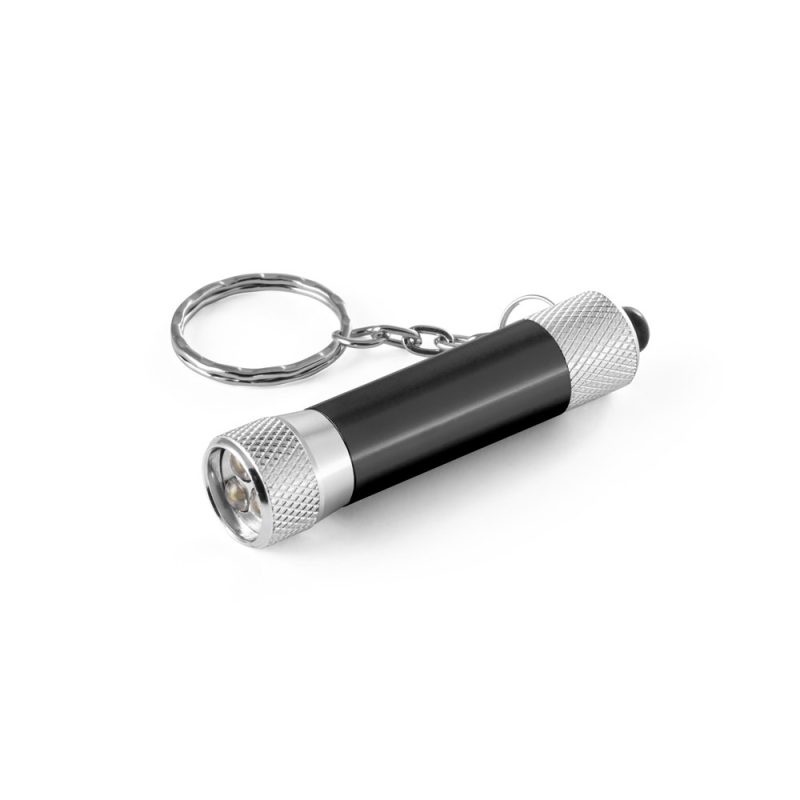 Black and silver torch keyring on white background.