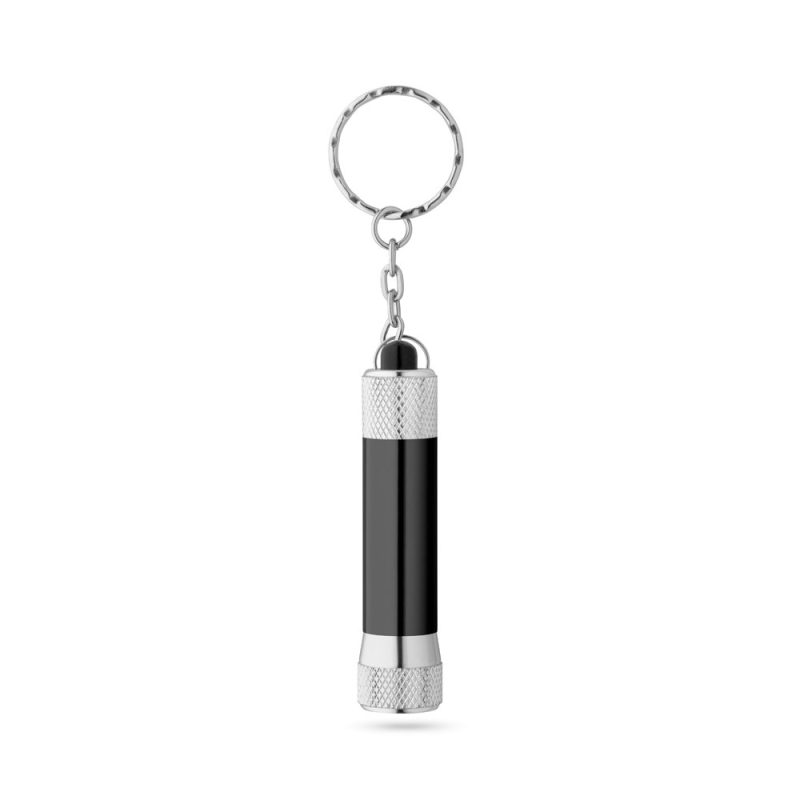 Keychain torch with metallic design.