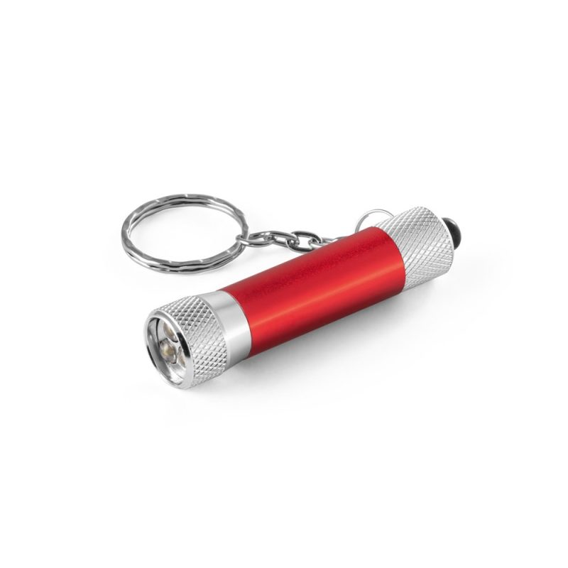 Red torch keyring with metal ring attachment.