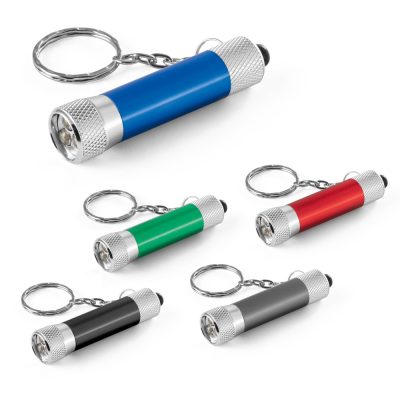 Coloured keyring torches in blue, green, red, black, grey.