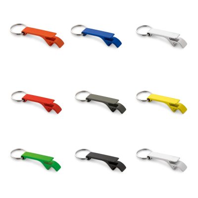 Coloured keychain bottle openers on display.