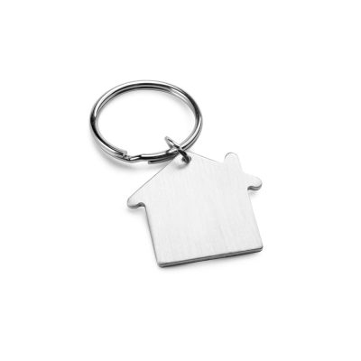 Silver house-shaped keyring on white background.