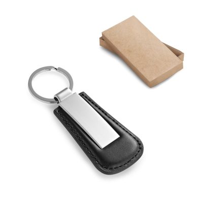 Leather keyring and cardboard box on white background.