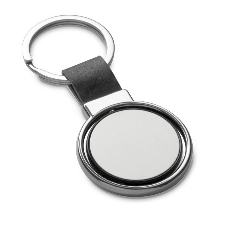 Metal keyring with leather strap.