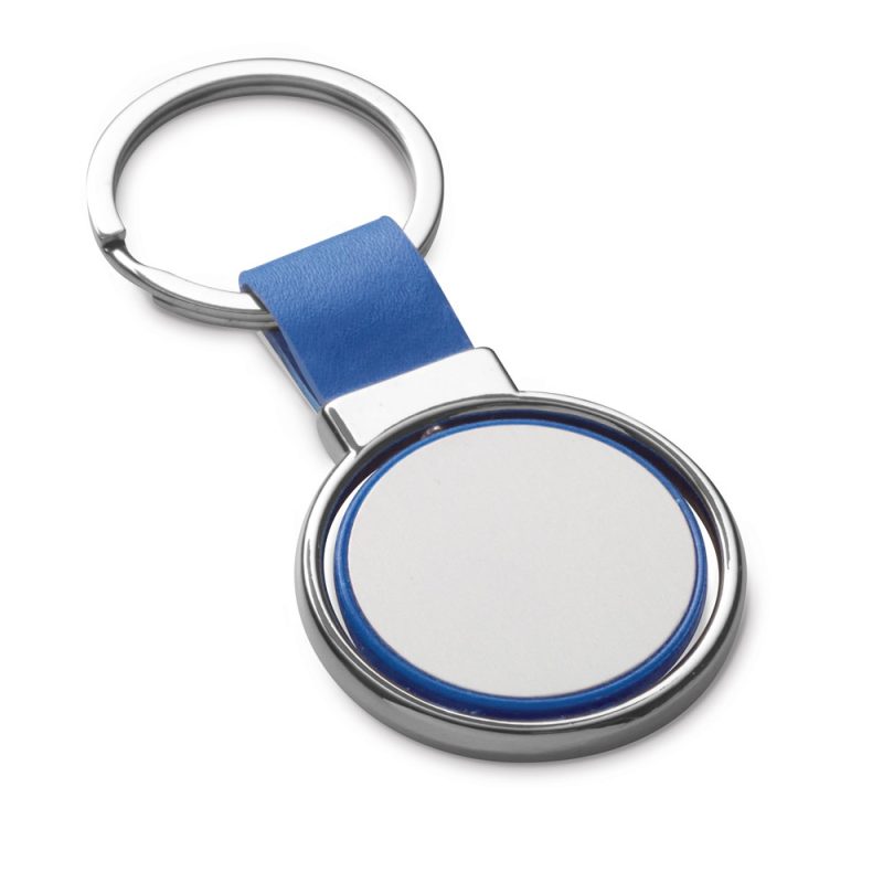 Blue leather keyring with round metal tag.