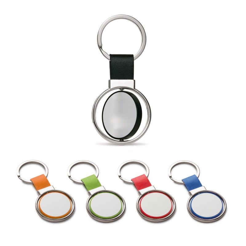 Colourful leather keyrings with metal rings displayed.