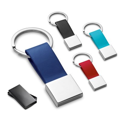 Colourful keychains with metal rectangular tags.