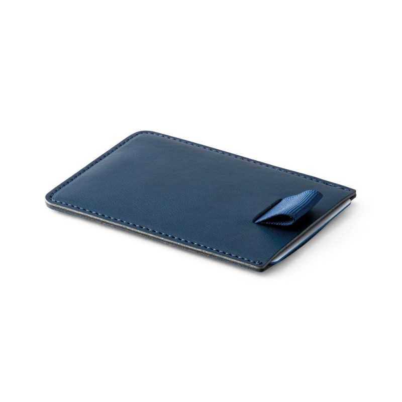 Blue leather cardholder with a ribbon pull tab.