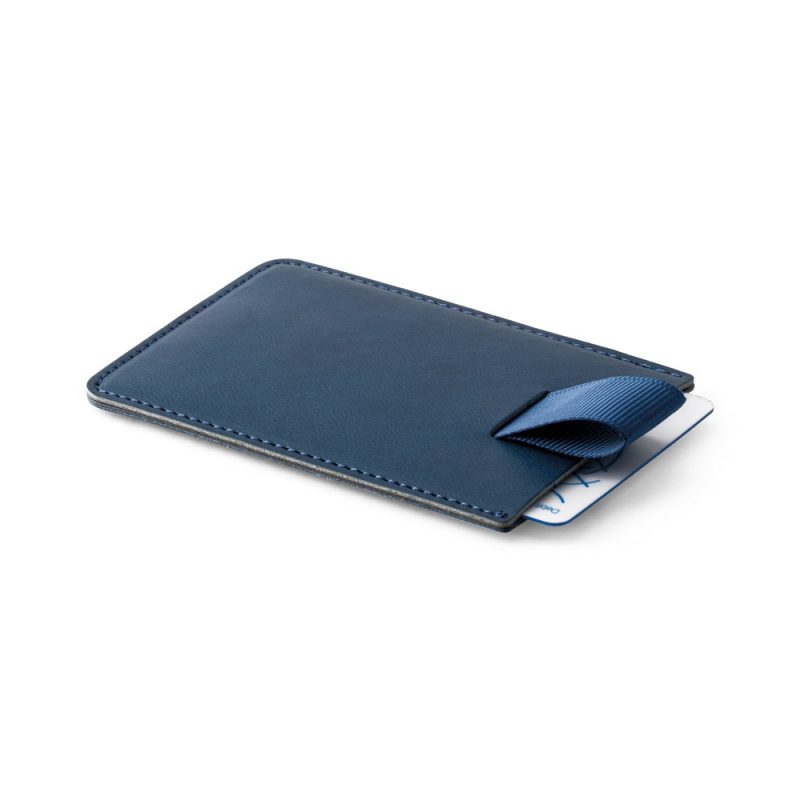 Blue leather cardholder with pull tab.