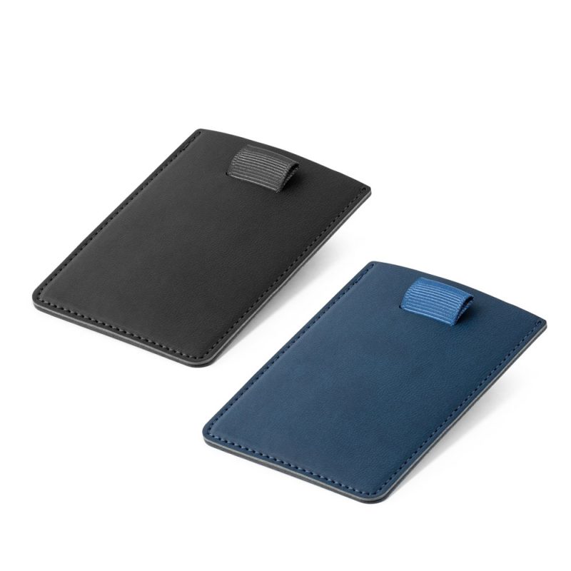 Black and blue card holders with pull tabs.
