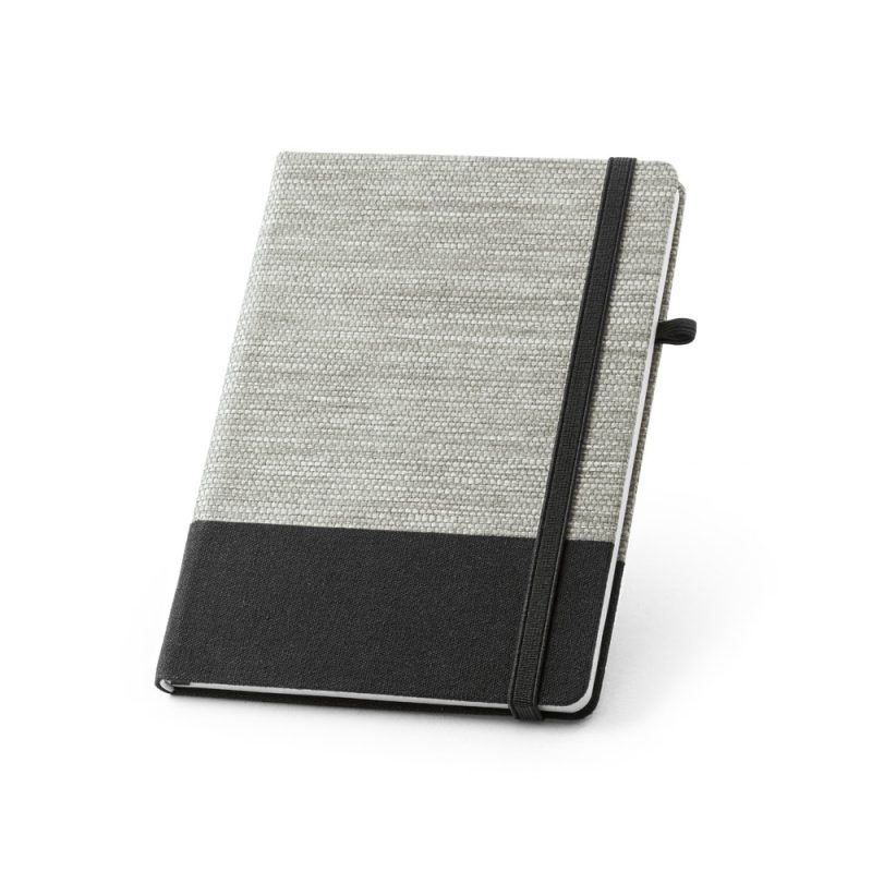 Grey and black notebook with elastic band