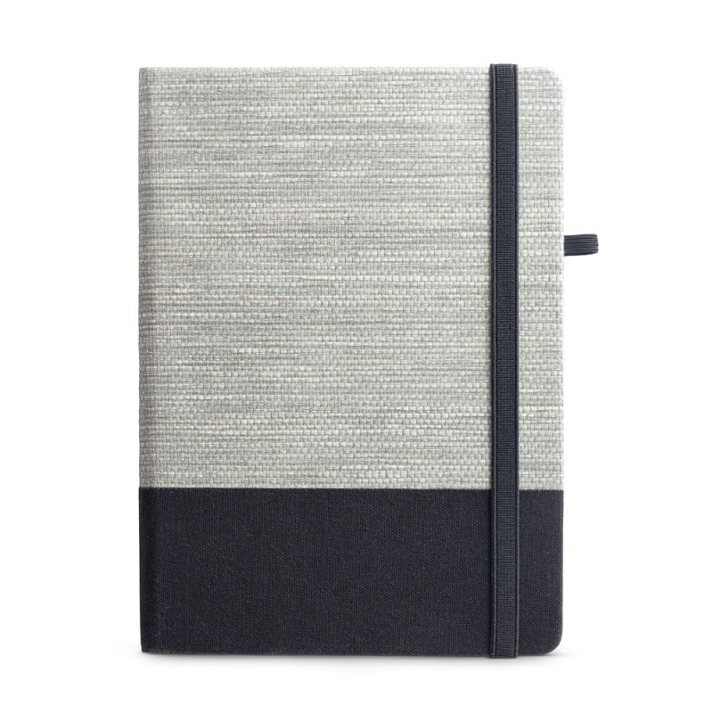 Grey and black textured notebook with elastic band.