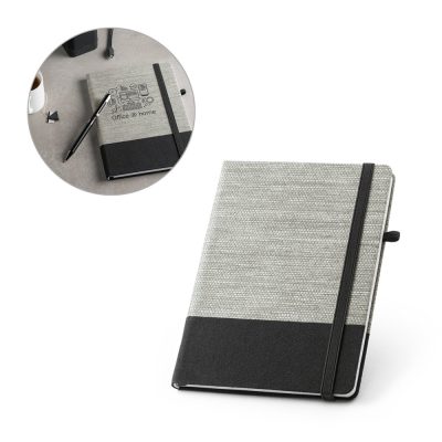 Grey and black notebook with pen, office theme.