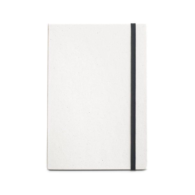 Plain white notebook with black elastic band.