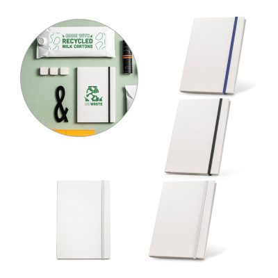 Eco-friendly recycled milk carton notebooks, various designs.