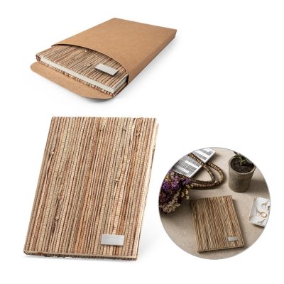 Eco-friendly notebook with textured brown cover.