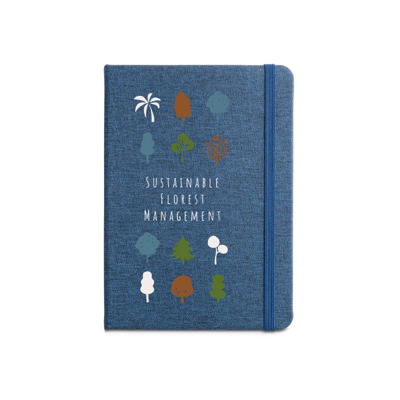 Blue notebook with tree illustrations and text.