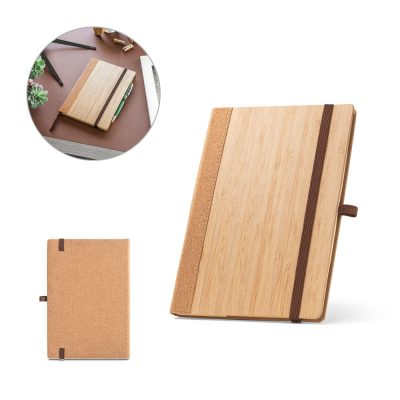 Eco-friendly bamboo and cork notebook with elastic band.