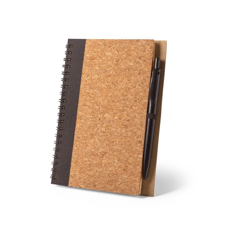 Cork-covered notebook with attached black pen.