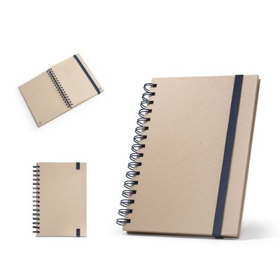 Eco-friendly spiral notebook with black elastic band.