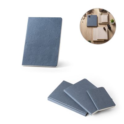 Set of eco-friendly blue notebooks on display.