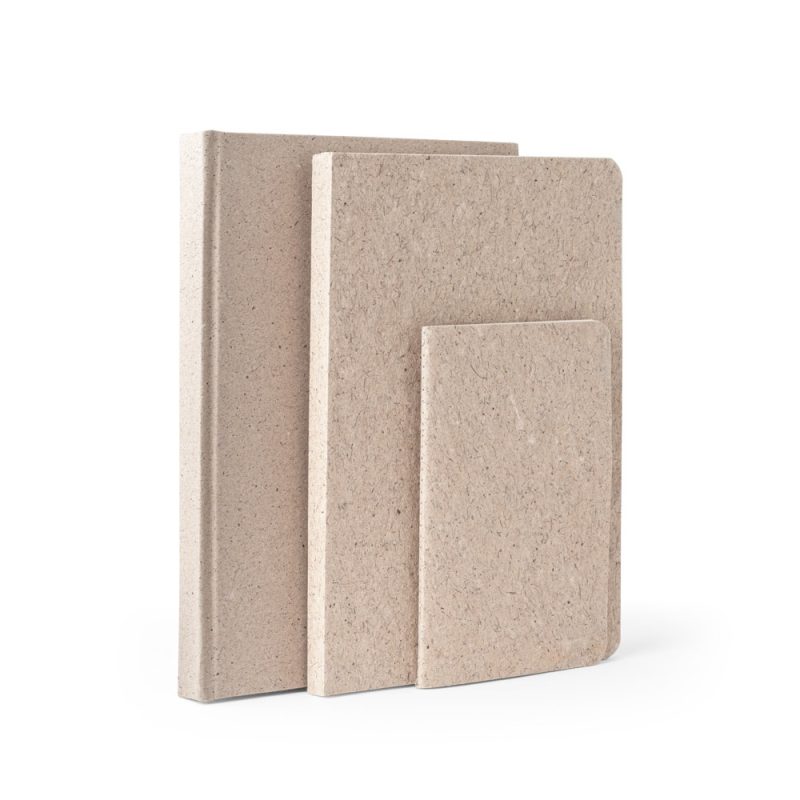 Three recycled paper notebooks, different sizes, beige colour.